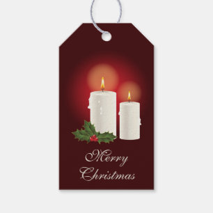 Étiquettes-cadeau Bougies blanches de Noël sur fond rouge - Joyeux N