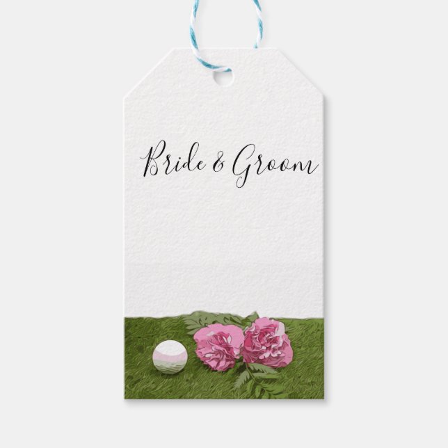 Étiquettes-cadeau Boule de golf avec fleur d'oeillet rose en vert (Devant)