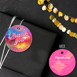 Étiquettes Cadeau Boule disco groovy rose fluo paillettes or merci