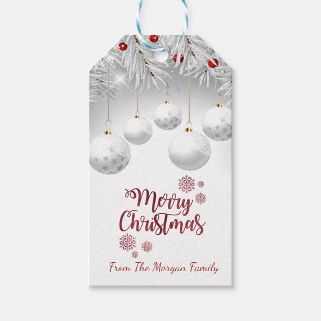Étiquettes-cadeau Boules de Noël Blanches Élégantes (Devant)