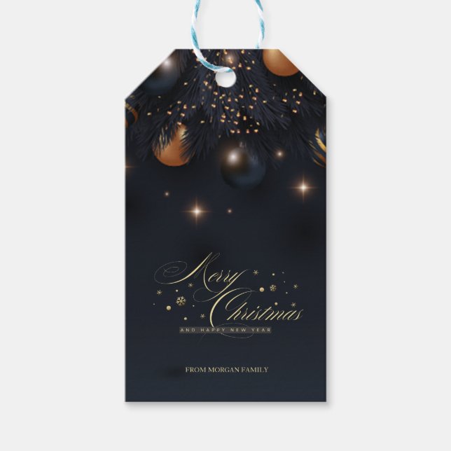Étiquettes-cadeau Boules de Noël Branches de Pin Noir (Devant)