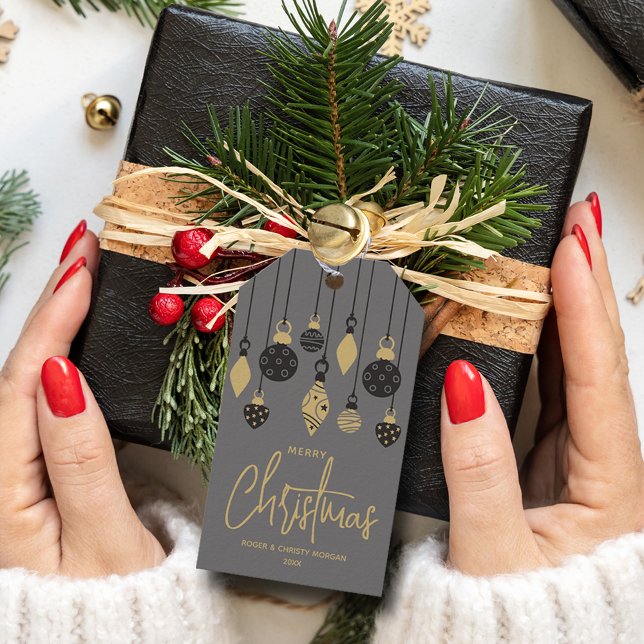 Étiquettes-cadeau Boules de Noël chic (Chic Merry Christmas black and gray ornaments favor gift tags)