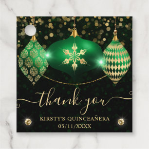 Étiquettes Cadeau Boules de Noël Vertes et Dorées Quinceanera