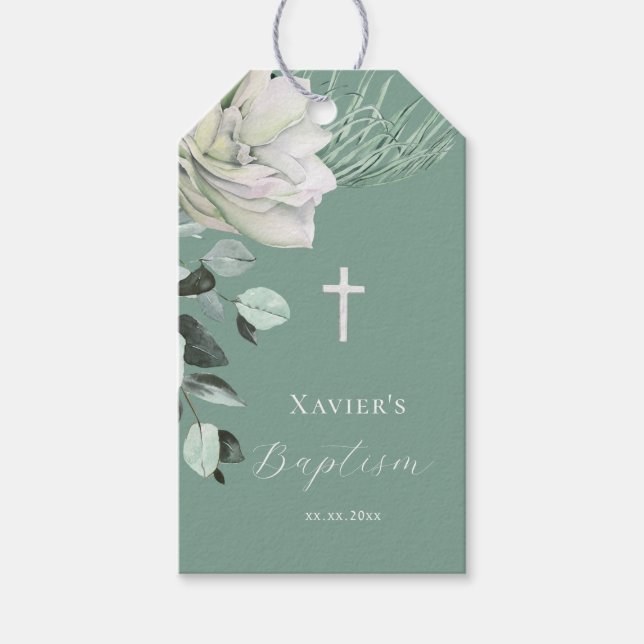 Étiquettes-cadeau bouquet blanc vert Baptême (Devant)