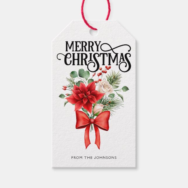 Étiquettes-cadeau Bouquet de fleur de Noël Rose Poinsettia (Devant)