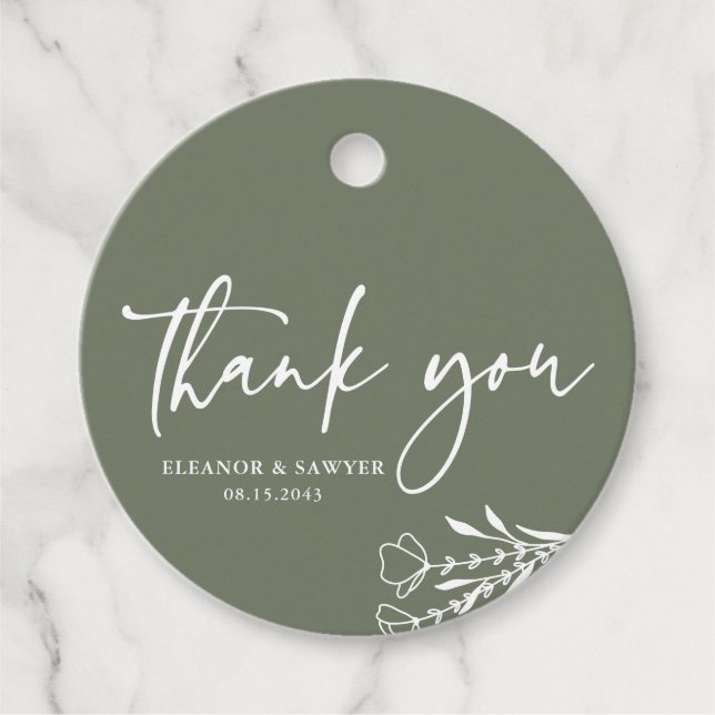 Étiquettes Cadeau Bouquet minimaliste Taupe Merci Mariage vert (Devant)