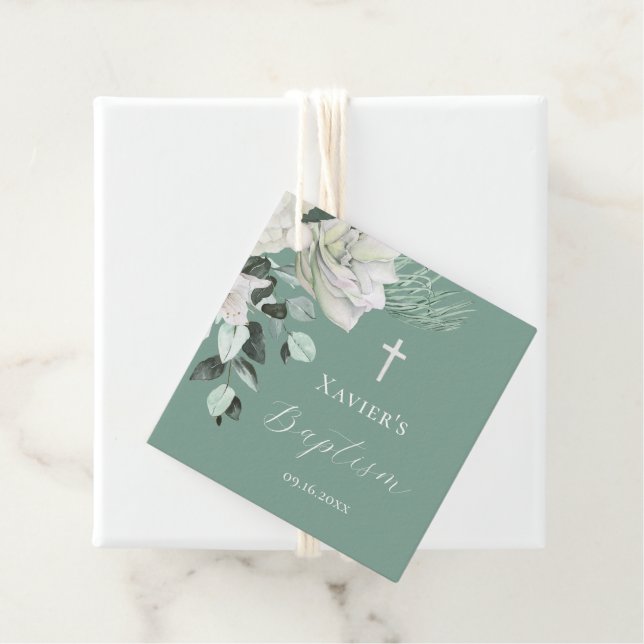 Étiquettes Cadeau bouquet vert blanc Baptême (En situation)