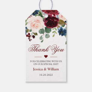 Étiquettes-cadeau Bourgogne Bleu Nuit Blush Floral Aquarelle Mariage
