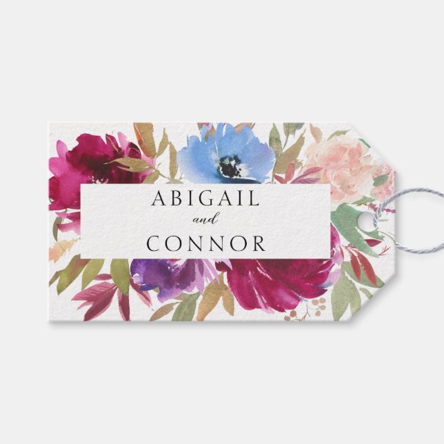 Étiquettes-cadeau Bourgogne Blush Bleu Poussiéreux Élégant Floral (Devant (Horizontal))