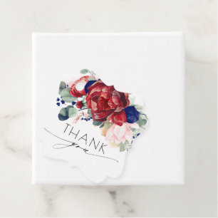 Étiquettes Cadeau Bourgogne et marine Mariage Floral bleu Merci