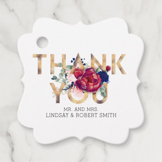 Étiquettes Cadeau Bourgogne et Merci floral rose pâle (Devant)