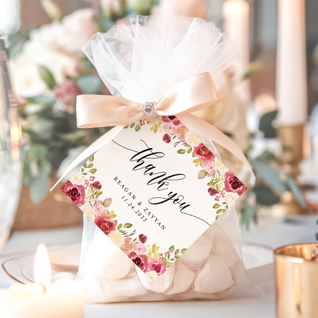 Étiquettes Cadeau Bourgogne Merlot Floral Mariage Merci (Créateur téléchargé)