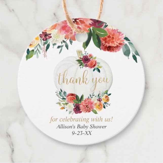 Étiquettes Cadeau Bourgogne or chute citrouille floral baby shower (Devant)