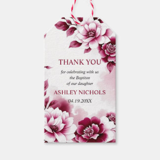 Étiquettes-cadeau Bourgogne peony fleurs fille baptême Merci