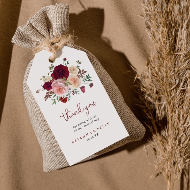Étiquettes-cadeau Bourgogne rose Blush Merci Mariage Floral (Créateur téléchargé)