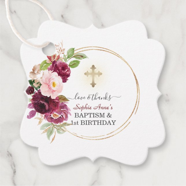 Étiquettes Cadeau Bourgogne rose Fille Florale 1er Anniversaire & Ba (Devant)