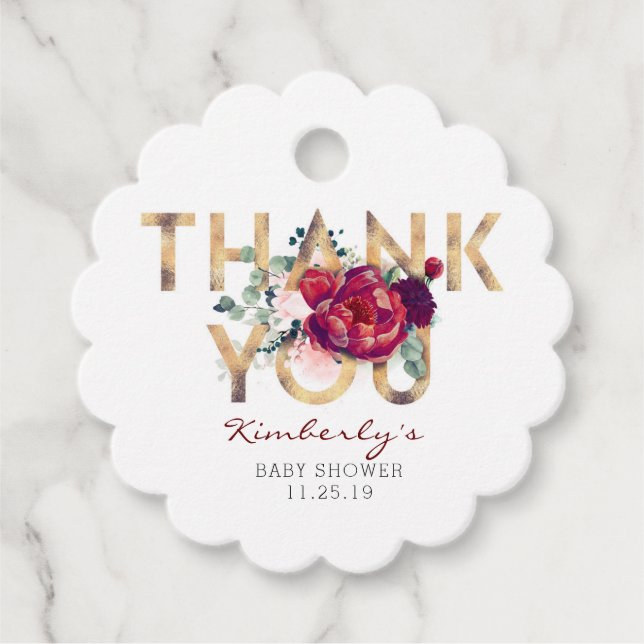 Étiquettes Cadeau Bourgogne rouge Baby shower Floral Merci (Devant)