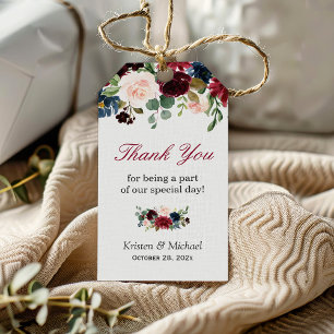 Étiquettes-cadeau Bourgogne Rouge Bleu Floral Mariage Favoriser Merc