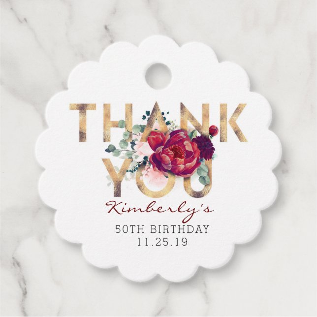 Étiquettes Cadeau Bourgogne Rouge Floral Merci d'anniversaire (Devant)