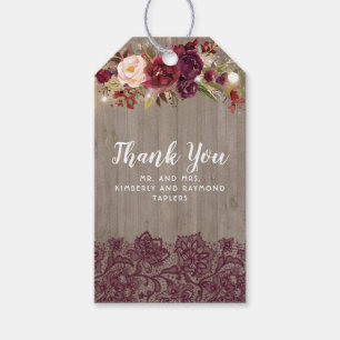 Étiquettes-cadeau Bourgogne Rustique Fleurs et Mariage de dentelle