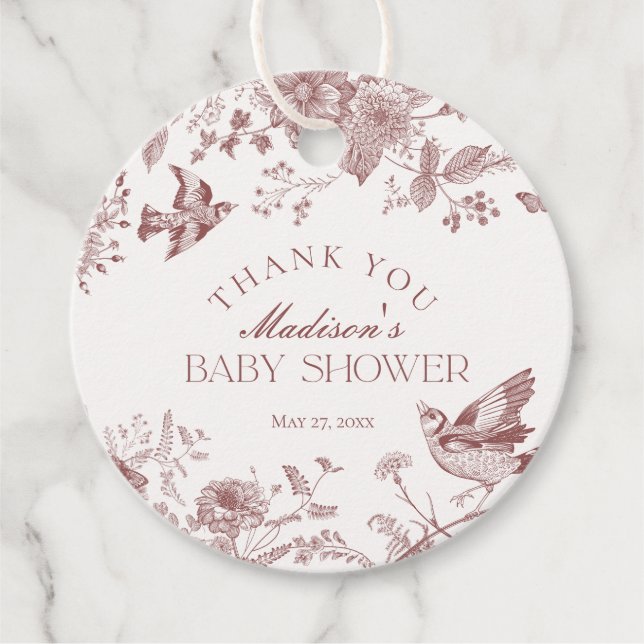 Étiquettes Cadeau Bourgogne Toile De Jouy Baby shower Floral Favoris (Devant)