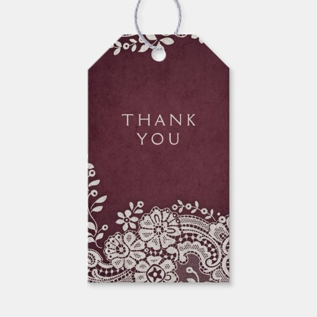 Étiquettes-cadeau Bourgogne vintage dentelle rustique mariage merci (Devant)