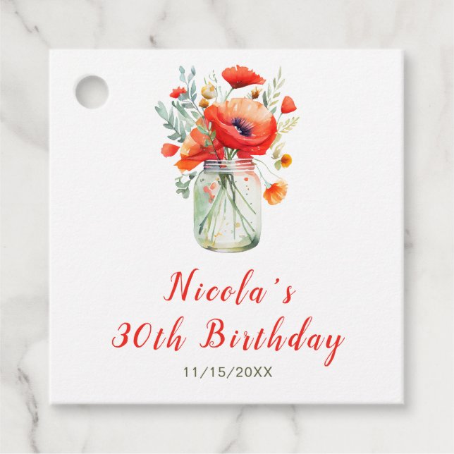 Étiquettes Cadeau Bouteille Mason Coquelicots Anniversaire (Devant)