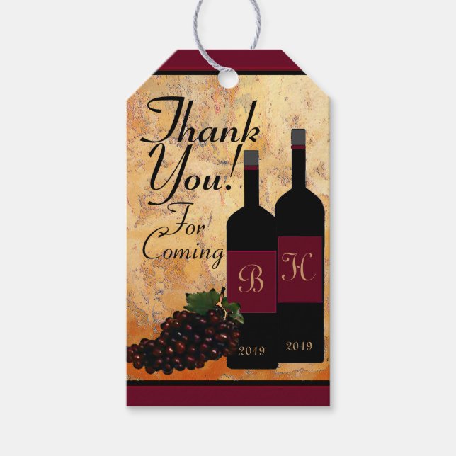 Étiquettes-cadeau Bouteilles de vin et Merci de raisins monogrammes (Devant)