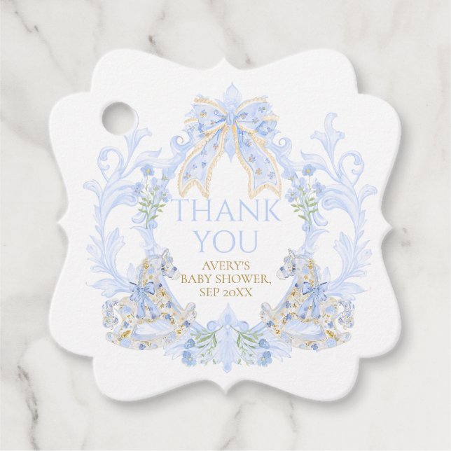 Étiquettes Cadeau Bow Floral Crest Rustic Blue Boy Baby shower (Devant)