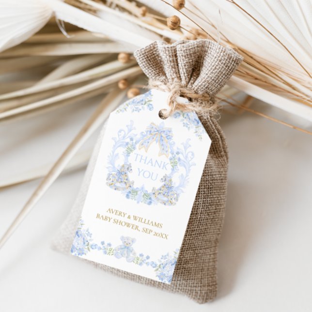 Étiquettes-cadeau Bow Floral Crest Rustic Blue Boy Baby shower (Créateur téléchargé)