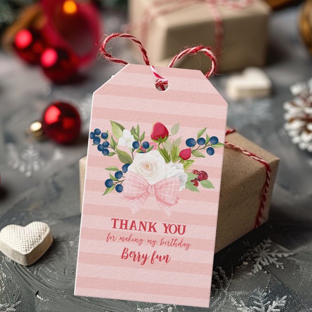 Étiquettes-cadeau Bow fraise fleurie Anniversaire Berry First Favori (Créateur téléchargé)