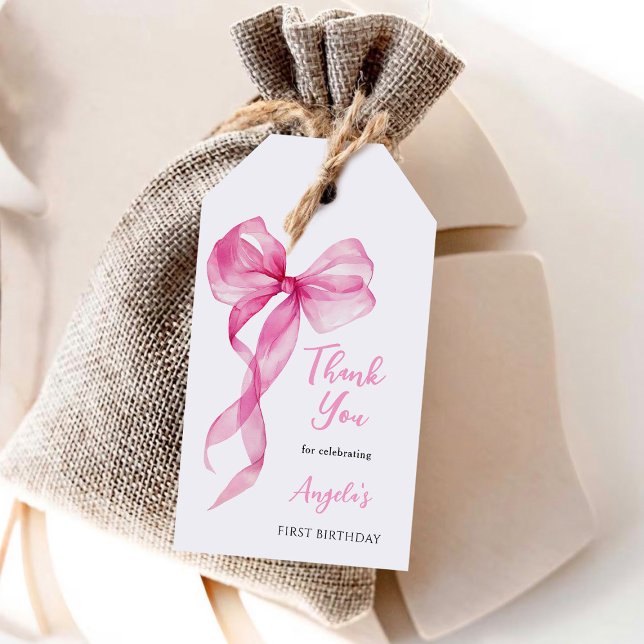Étiquettes-cadeau Bow Girls rose 1er Merci d'anniversaire (Créateur téléchargé)
