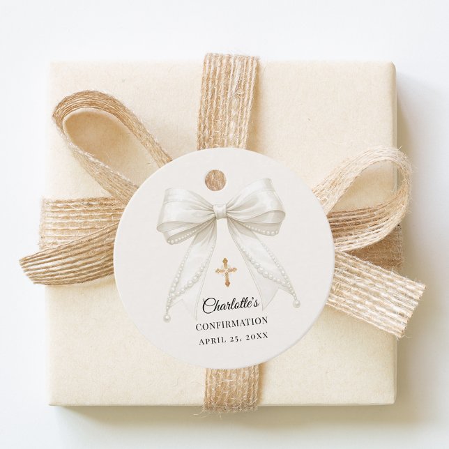 Étiquettes Cadeau Bow ivory pearls elegant Confirmation DIY (Créateur téléchargé)