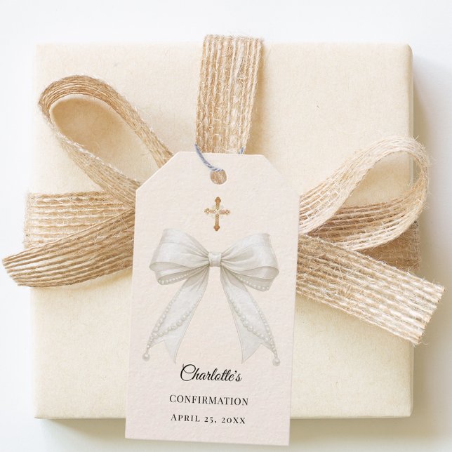 Étiquettes-cadeau Bow ivory pearls girl Confirmation DIY (Créateur téléchargé)