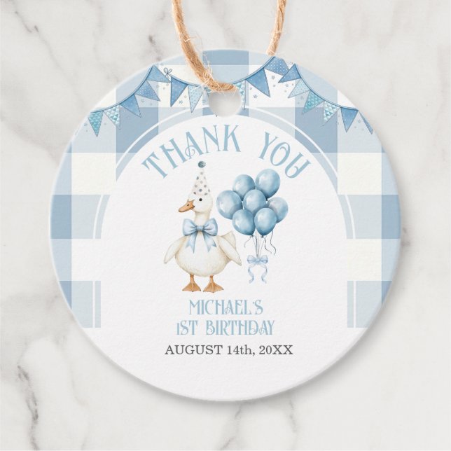 Étiquettes Cadeau Bow One Silly Goose 1st Birthday Blue Gingham (Devant)