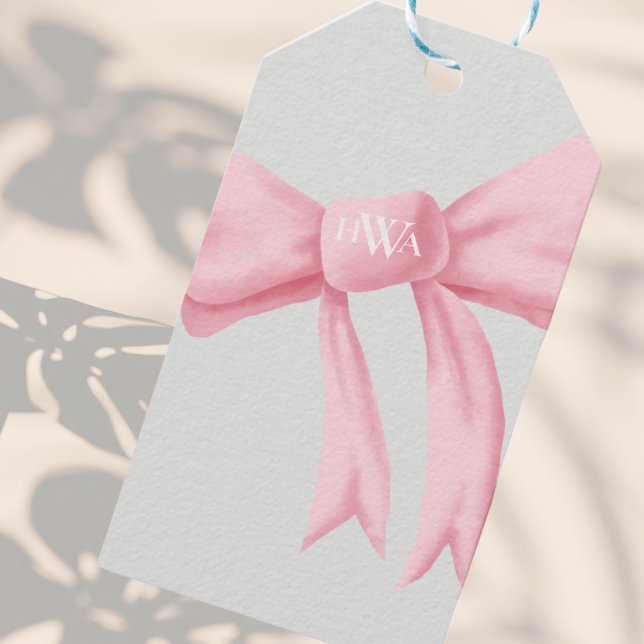 Étiquettes-cadeau Bow rose avec monogramme (Créateur téléchargé)