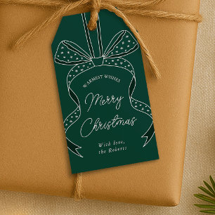 Étiquettes-cadeau Bow Whimsical & Ribbon Dark Green Joyeux Noël