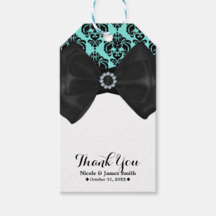 Étiquettes-cadeau Bowling Bling Damassé Noir et Sarcelle Fête Douce