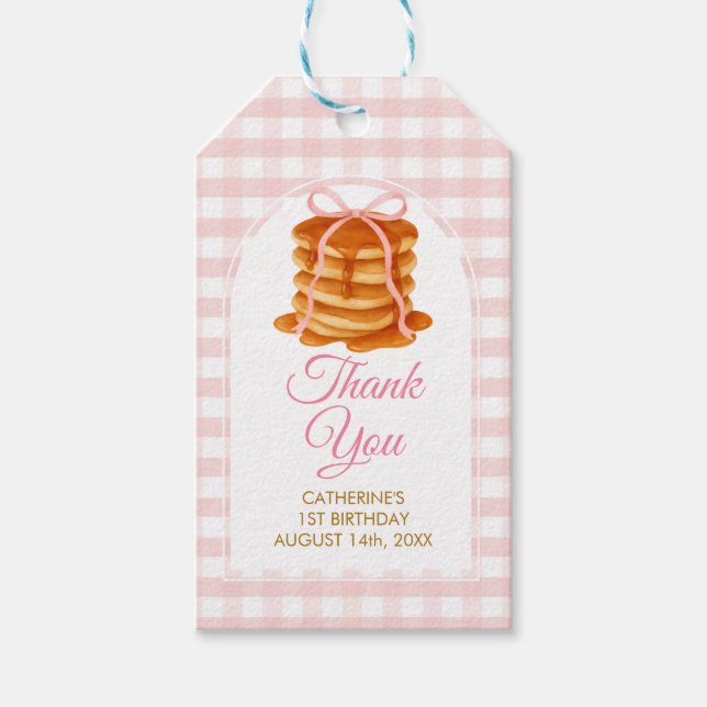 Étiquettes-cadeau Bows and Brunch Pancake Pink 1st Birthday Gingham (Devant)