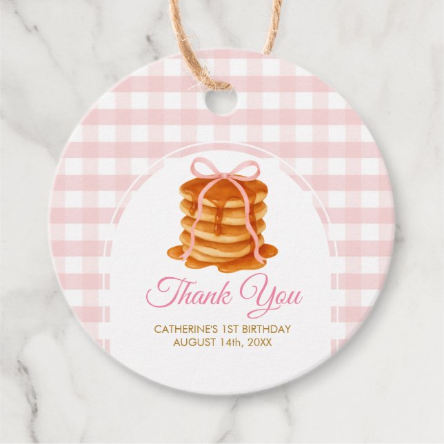 Étiquettes Cadeau Bows and Brunch Pancake Pink 1st Birthday Gingham (Devant)