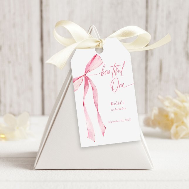 Étiquettes-cadeau Bowtiful One Watercolor Blush Pink 1er anniversair (Créateur téléchargé)