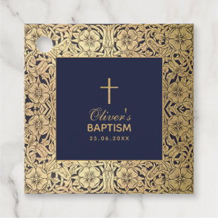 Étiquettes Cadeau Boy Baptism Vintage Gold Roses Marine Bleu Élégant