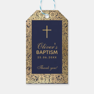 Étiquettes-cadeau Boy Baptism Vintage Gold Roses Marine Bleu Élégant