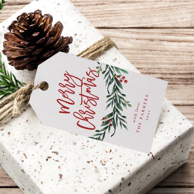 Étiquettes-cadeau Branche joyeux noël avec des baies (Modern Merry Christmas Script Greenery Leaves Holiday Gift Tags.)