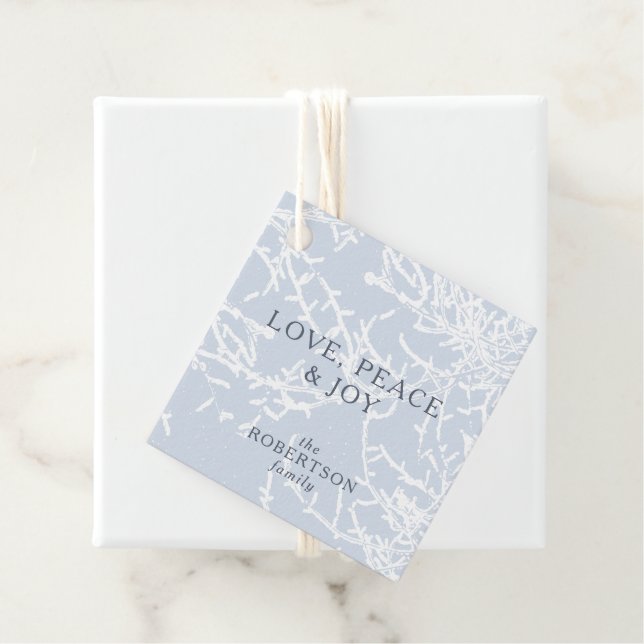 Étiquettes Cadeau Branches de neige bleu et blanc (En situation)