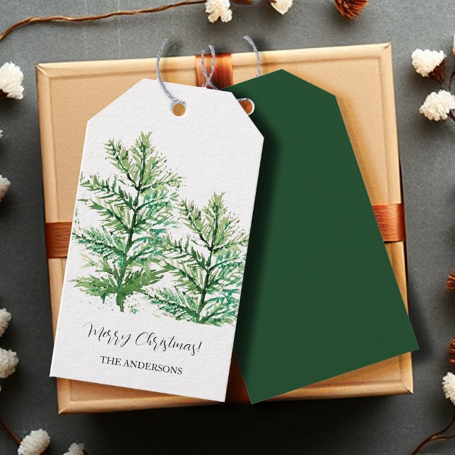 Étiquettes-cadeau Branches de pin à l'aquarelle verte (Créateur téléchargé)