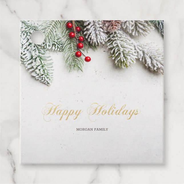 Étiquettes Cadeau Branches de pin enneigées Noël  (Devant)