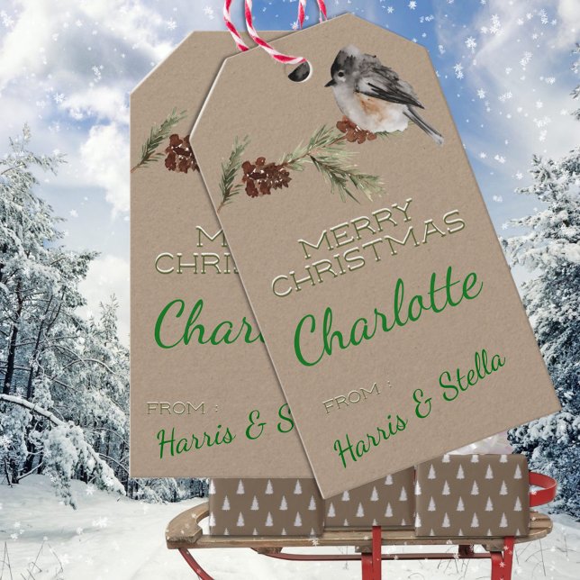Étiquettes-cadeau Branches Rustiques Kraft Winter Sparrow Bird & Pin (Rustic Kraft Winter Sparrow Bird & Pine Branches Christmas Holiday Gift Wrapping Name Tag
)
