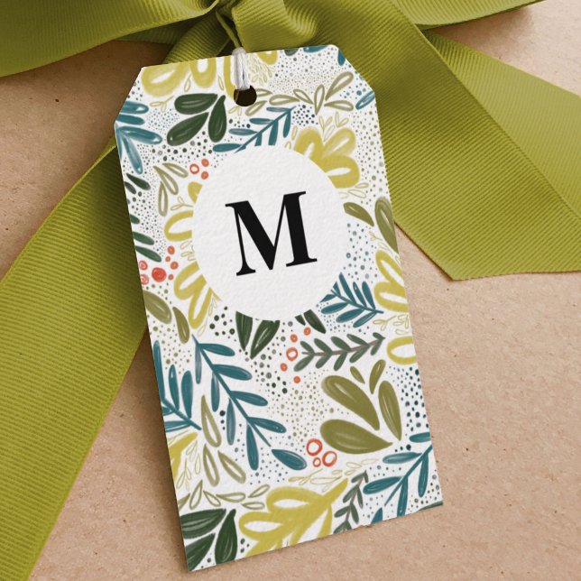 Étiquettes-cadeau Brève | Monogramme botanique festif (Watercolor botanical festive bramble holiday gift tag.)