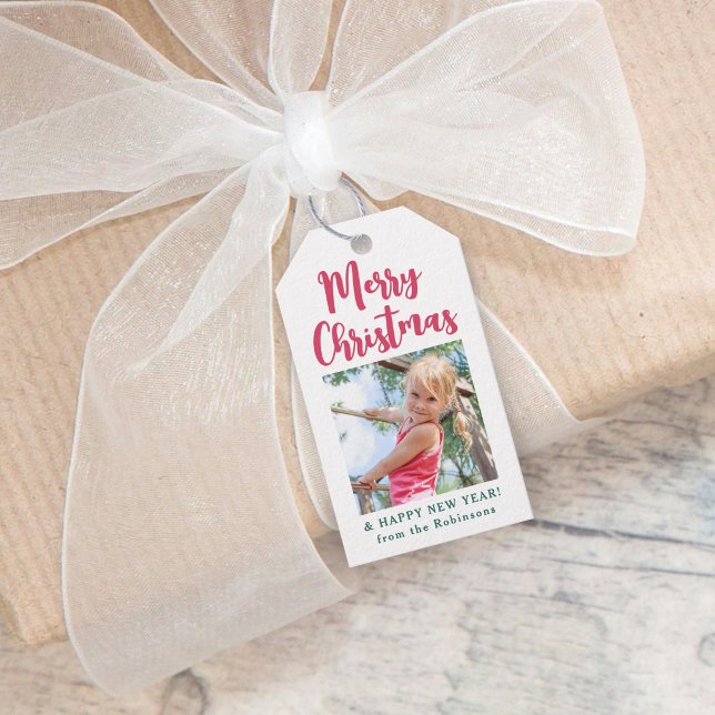 Étiquettes-cadeau Bright Modern Script Joyeux Noël Simple Photo (Créateur téléchargé)